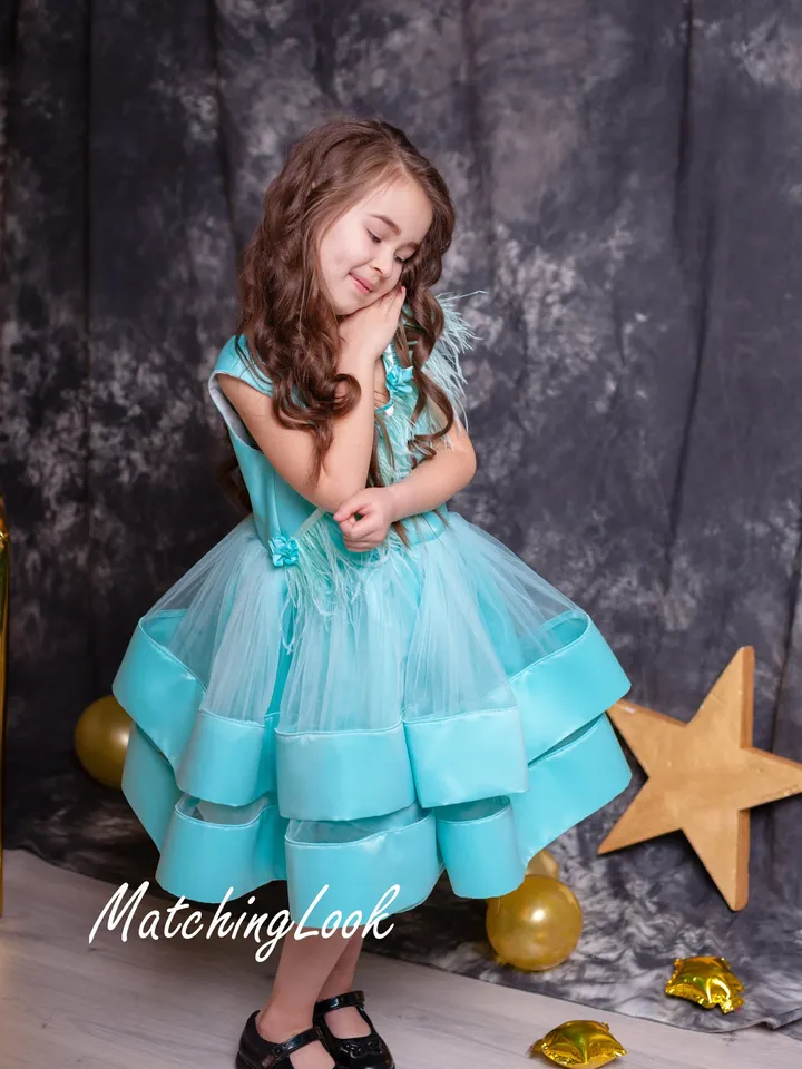 Flower Girl Dress, Girl Teal Dress, Birthday Dress, Feather Dress, Tiered Dress, Princess Dress, Girl Tutu Dress, Blue Tulle Dress, Formal