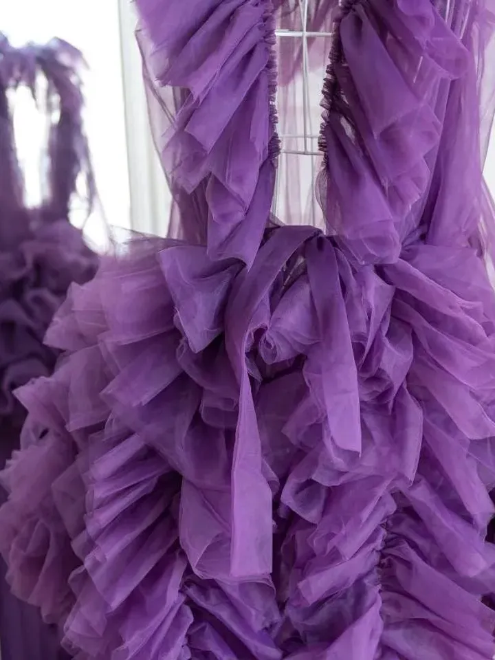 Boudoir Maternity Photoshoot Dress, Eggplant Robe Dress, Purple Maternity Fluffy Gown, Extra Long Tulle Ruffle Robe, Pregnancy Puffy Gown