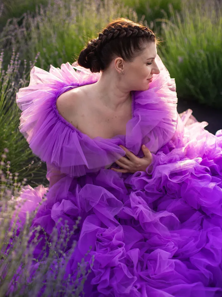Lavender Frilled Maternity Robe, Photoshoot Robe, Ruffle Tulle Robe, Bridal Fluffy Robe, Pregnancy Photography, Purple Flying Dress,Negligee