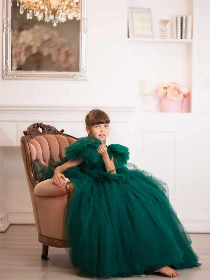 Emerald Green Flower Girl Dress, Tulle Maxi Dress, Christmas Photography Dress, Girl Evening Dress, Toddler Xmas Dress, Princess Dress