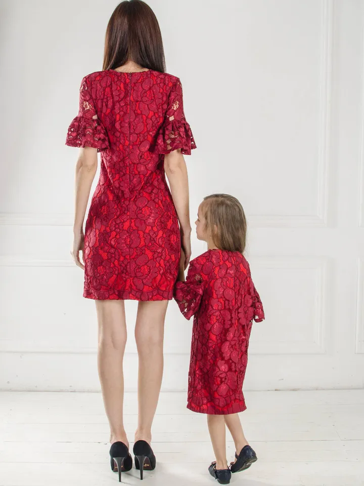 Mother Daughter Matching Dresses, Mommy And Me Outfit, Burgundy Lace Dresses, Matching Set, 1st Birthday Outfit,Wedding Guest Matching Dress