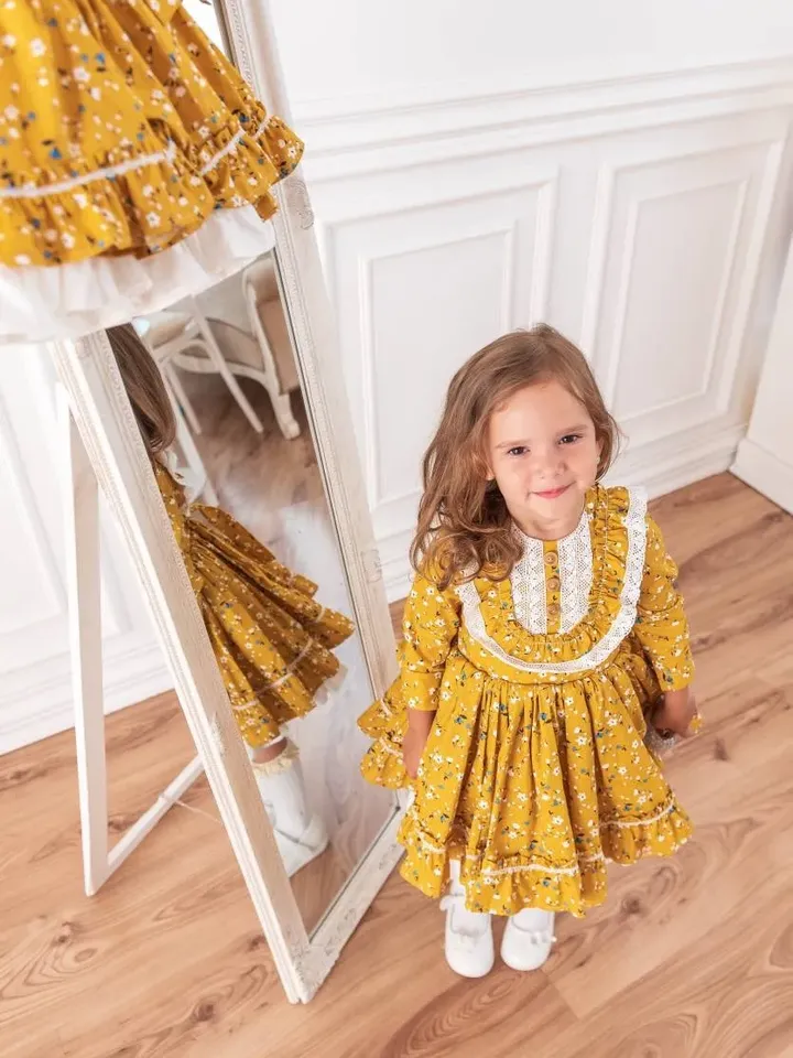 Girl Smock Dress, Long Sleeve Dress, Girl Retro Dress, Yellow Dress, Tutu Dress, Floral Dress, Girl Ruffle Dress, Vintage Style Dress