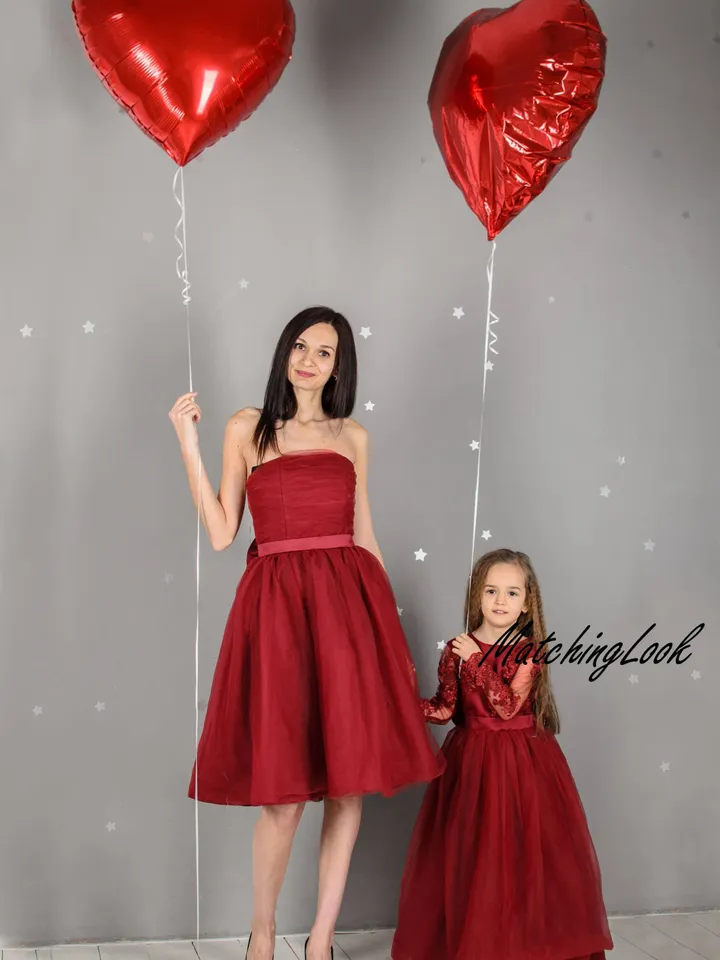 Mommy and Me Outfit, Girl Burgundy Dress, Mother Daughter Matching Dress, Girl Party Dress, Tulle Princess Dress, Formal Dress, Elegant