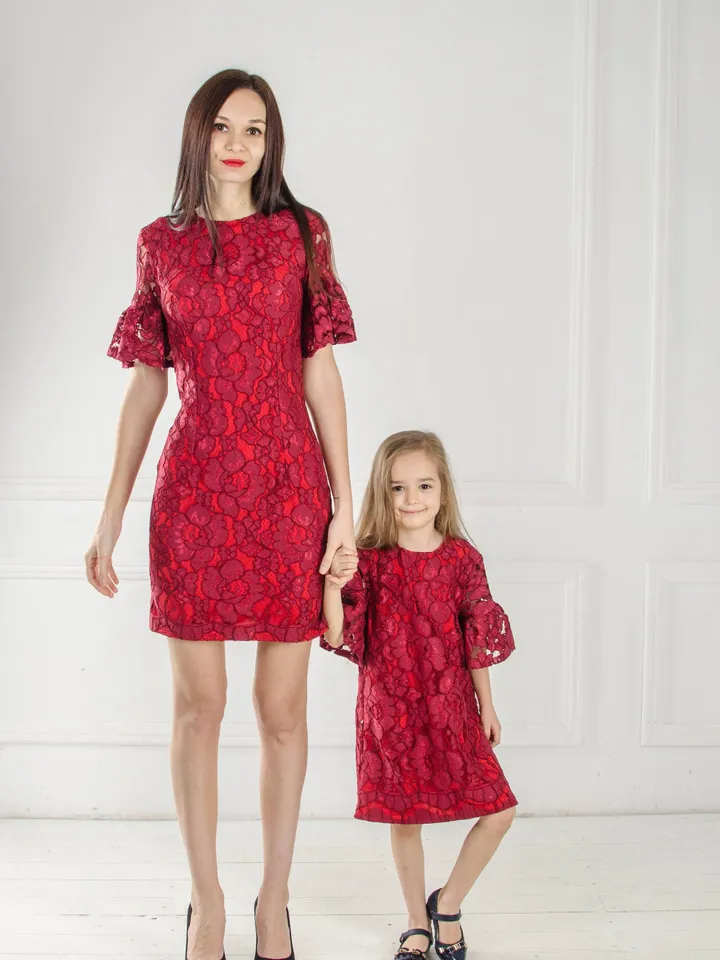 Mother Daughter Matching Dresses, Mommy And Me Outfit, Burgundy Lace Dresses, Matching Set, 1st Birthday Outfit,Wedding Guest Matching Dress