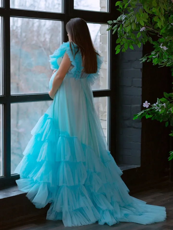Aqua Blue Tulle Maternity Gown, Tiered Tulle Dress, Maternity Gown, Baby Shower Dress, Photoshoot Gown, Pregnancy Gown Dress