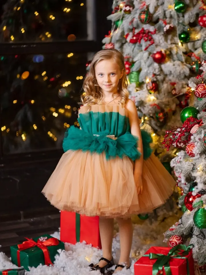 Emerald Green Tutu Dress, Christmas Dress Girl, Ruffle Tulle Dress, Little Girl Princess Dress, Holiday Photoshoot, Toddler Party Dress