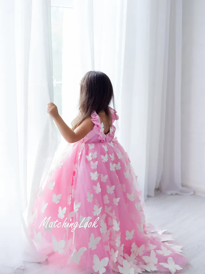 Pink Tulle Butterfly Flower Girl Dress, Girl Princess Dress With Train, Toddler Gown Dress