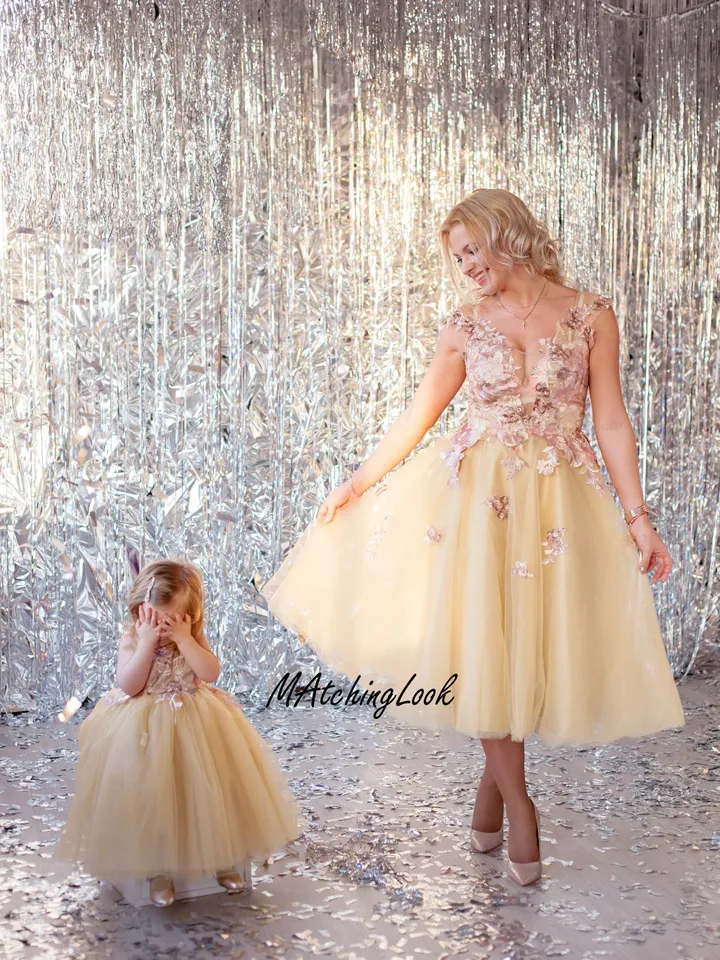 Mommy And Me Dress Formal, New Year Dress, Mother Daughter Matching Dresses, Gold Party Dress, Tutu Wedding Dress, Tulle Cocktail Dress