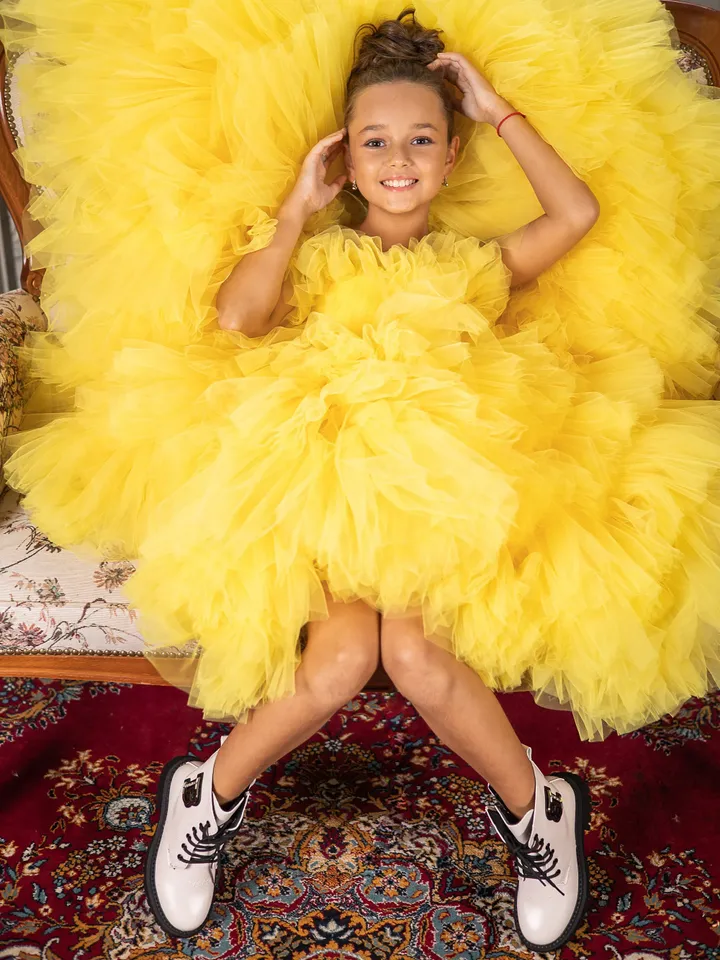 Yellow Ruffle Girl Dress, High Low Dress, Tulle Tutu Dress, Yellow Toddler Dress, Long Tiered Dress, Special Occasion Dress, Princess Dress
