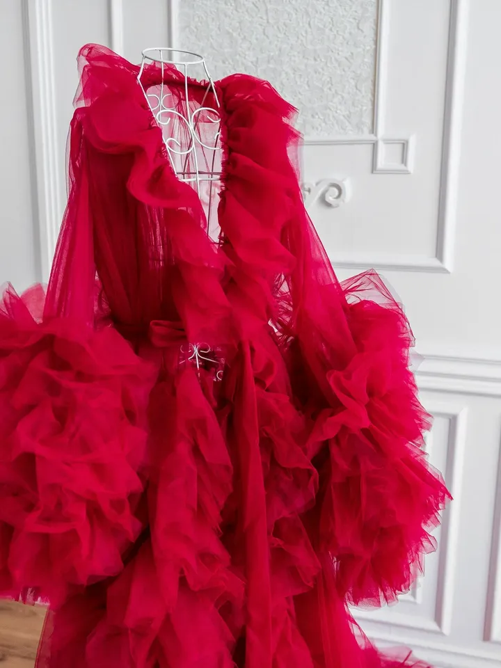 Red Tulle Robe, Maternity Gown, Photoshoot Robe Dress, Ruffle Maternity Dress, Maternity Robe Dress, Boudoir Photography, Pregnancy Robe