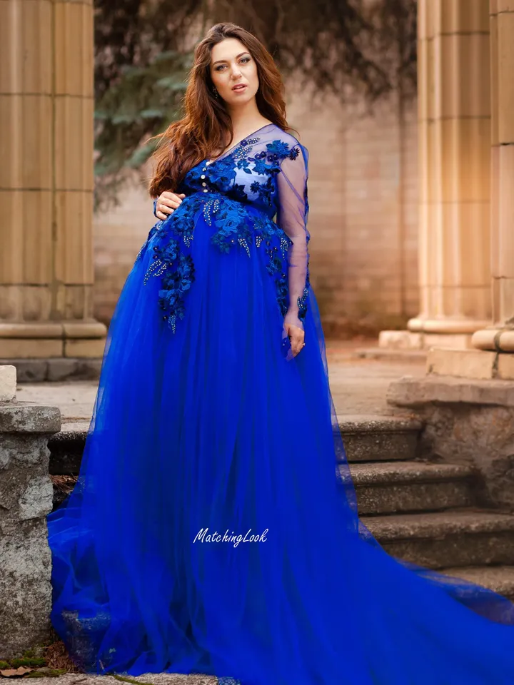 Maternity Dress For Photo shoot, Maternity Ball Gown, Prom Maternity Dress, Pregnancy Dress, Royal Blue Dress, Maternity Lace Gown, Photo