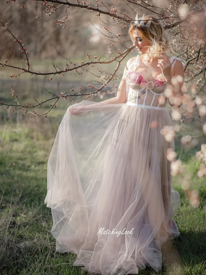 Corset Wedding Dress in Bohemian Style, Sexy Sheer Tulle Wedding Dress, Elegant Sheer Dress Gown
