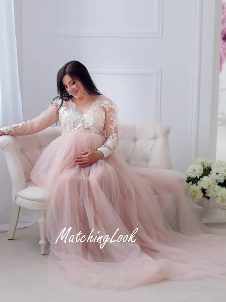 Boudoir Gown, Lace Maternity Dress, Photo Shoot Gown, Blush Pink Dress, Pregnancy Dress, Photo Props Maternity, Wedding Gown, Maxi Maternity