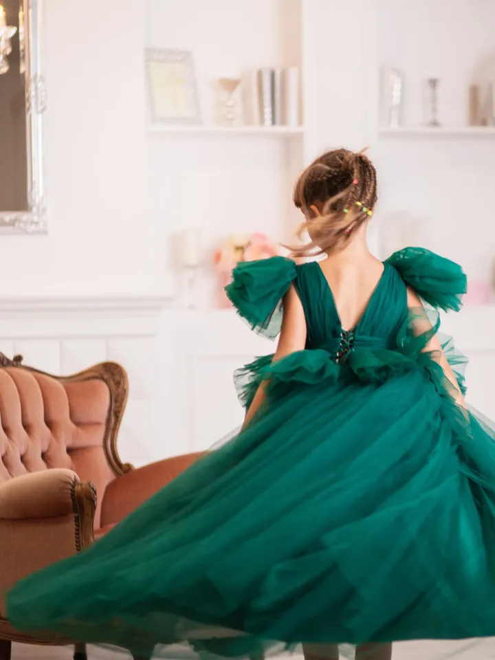 Emerald Green Flower Girl Dress, Tulle Maxi Dress, Christmas Photography Dress, Girl Evening Dress, Toddler Xmas Dress, Princess Dress