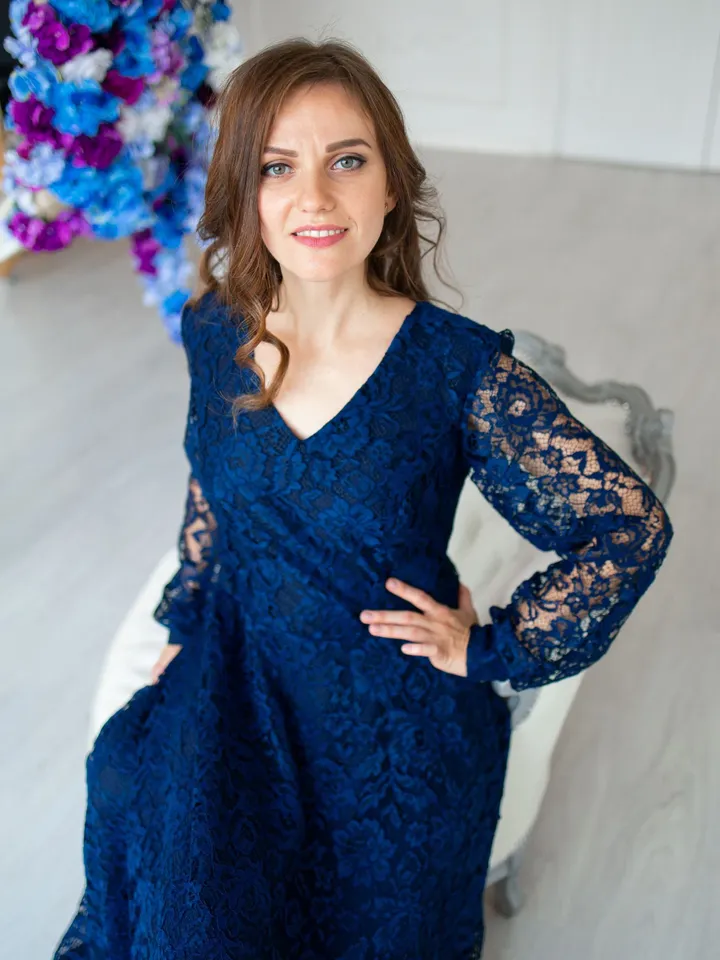 Navy Blue Dress, Maxi Lace Dress, Long Sleeve Gown, Photo Shoot Dress, Plus Size Clothing, Special Occasion Dress, A Line Gown, Formal Dress