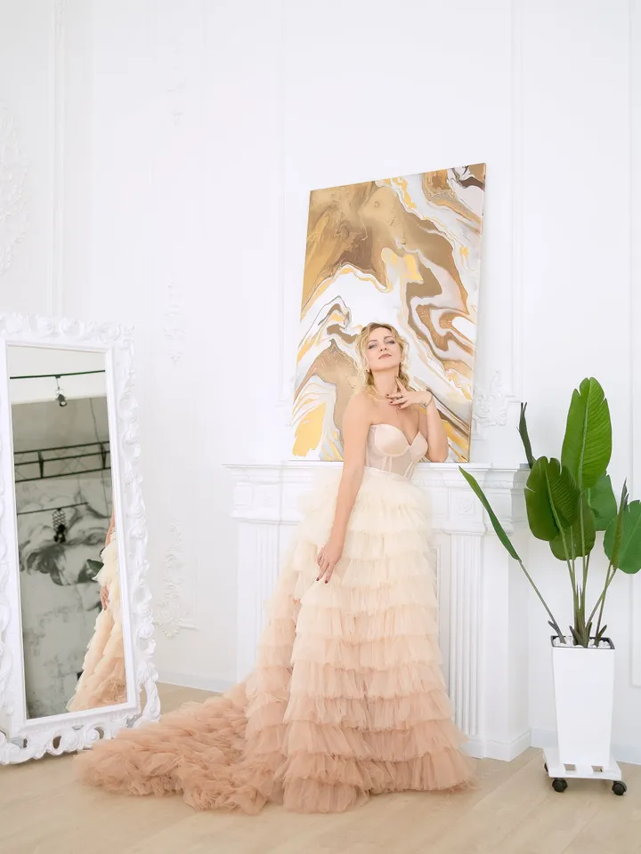 Champagne Ombre Wedding Dress, Tulle Tiered Gown, Event Dress, Photoshoot Dress, Bridal Tutu Dress, Puffy Tulle Dress, Layered Prom Dress