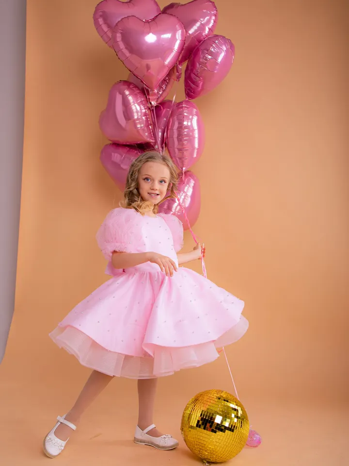 Baby Pink Tutu Dress, Pearl Girl Dress, Party Girl Dress, Knee Length Dress, Birthday Girl Dress, Lantern Sleeve Dress, Photo Prop Dress
