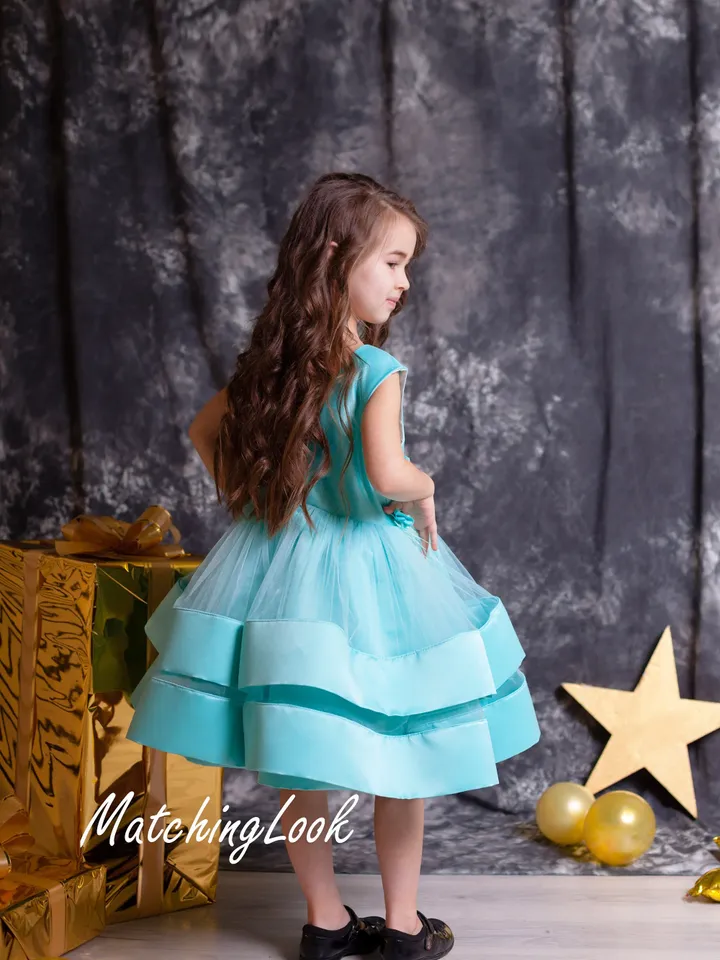 Flower Girl Dress, Girl Teal Dress, Birthday Dress, Feather Dress, Tiered Dress, Princess Dress, Girl Tutu Dress, Blue Tulle Dress, Formal
