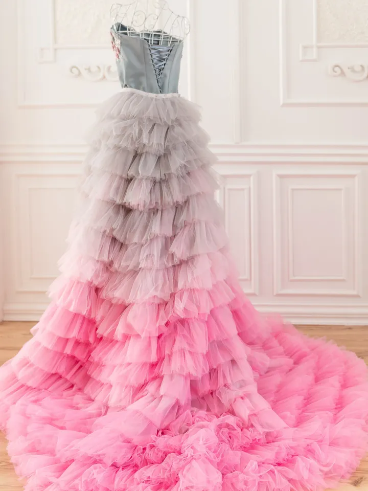 Grey and Pink Wedding Dress, Couture Tulle Photoshoot Dress, Tiered Tulle Gown, Ombre Tulle Dress, Tiered Wedding Dress, Bridal Separates