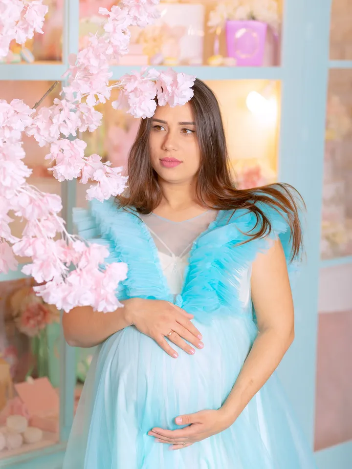 Aqua Blue Tulle Maternity Gown, Tiered Tulle Dress, Maternity Gown, Baby Shower Dress, Photoshoot Gown, Pregnancy Gown Dress