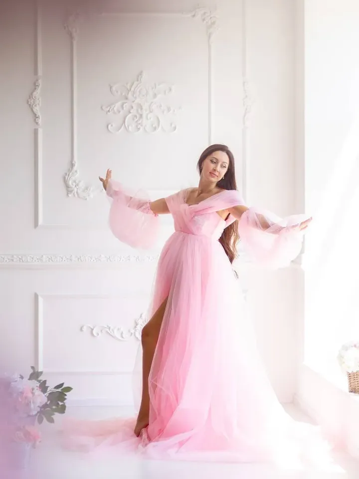 Pink Baby Shower Dress, Off Shoulder Formal Gown, Maternity Tulle Dress, Homecoming Train Dress, Pregnancy Photoshoot Dress,Special Occasion