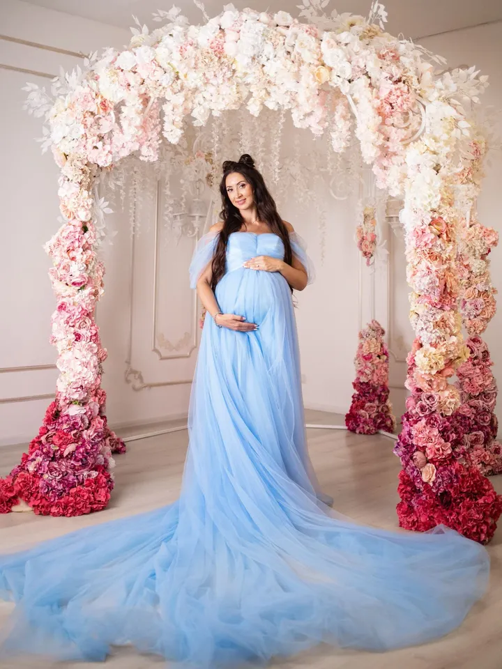 Sky Blue Maternity Dress With Train, Ready To Ship, Baby Shower Tulle Dress, Infinity Dress For Photoshoot, Pregnancy Tulle Dress, Floor