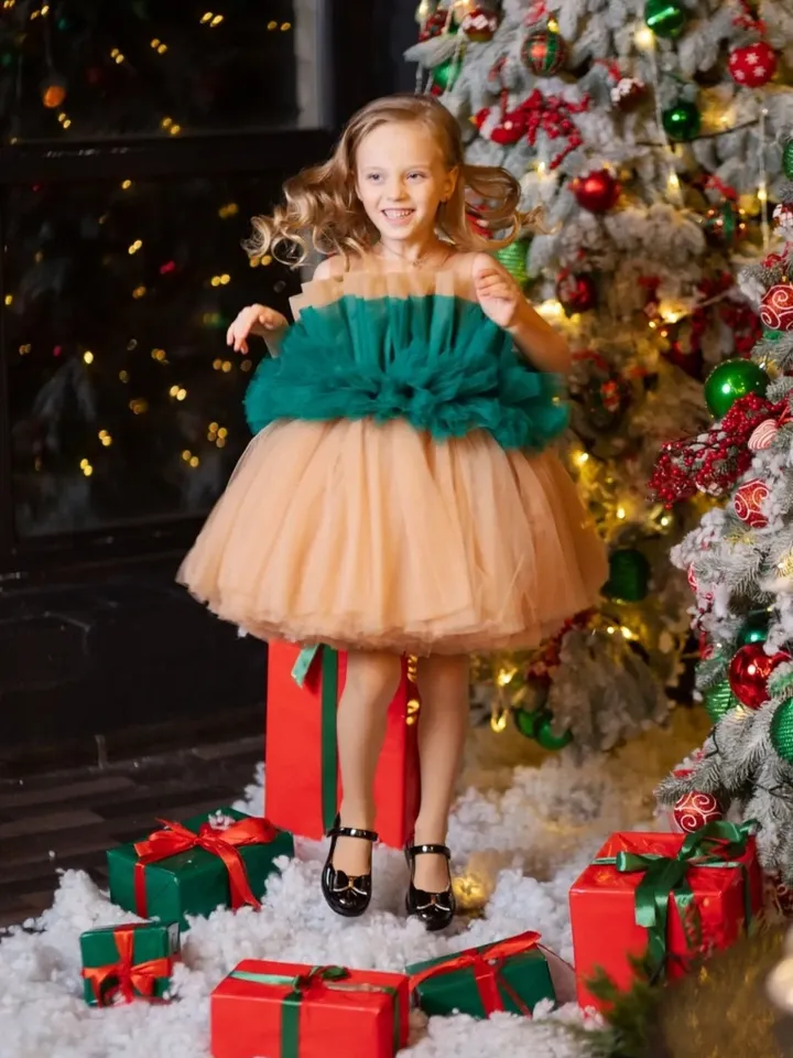 Emerald Green Tutu Dress, Christmas Dress Girl, Ruffle Tulle Dress, Little Girl Princess Dress, Holiday Photoshoot, Toddler Party Dress