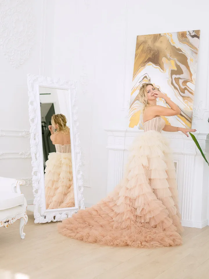 Champagne Ombre Wedding Dress, Tulle Tiered Gown, Event Dress, Photoshoot Dress, Bridal Tutu Dress, Puffy Tulle Dress, Layered Prom Dress
