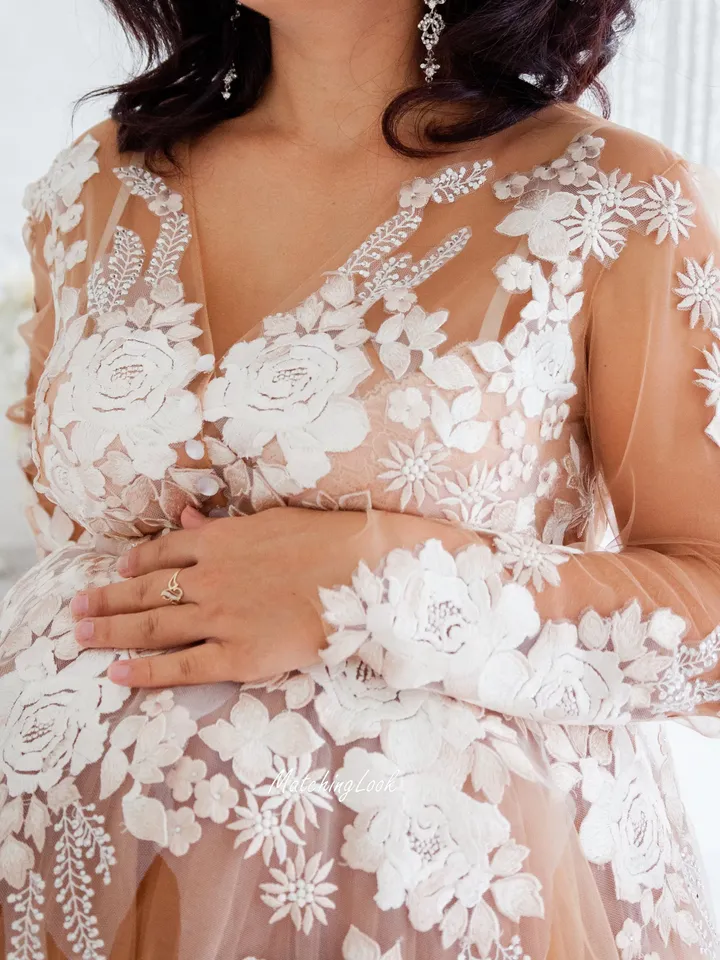 Nude Maternity Dress With Train, Photoshoot Dress, Tulle Maxi Gown, Nude Formal Dress, Pregnancy Photoshoot Dress, Long Sleeve Dress, Lace