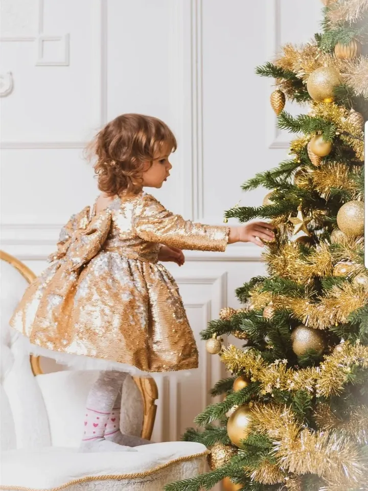 Ready To Ship 1 Year Old Girl Dress - Gold Sequin Dress, New Year Dress, Holiday Baby Girl Dress, Christmas Photoshoot, Party Dress, Gift