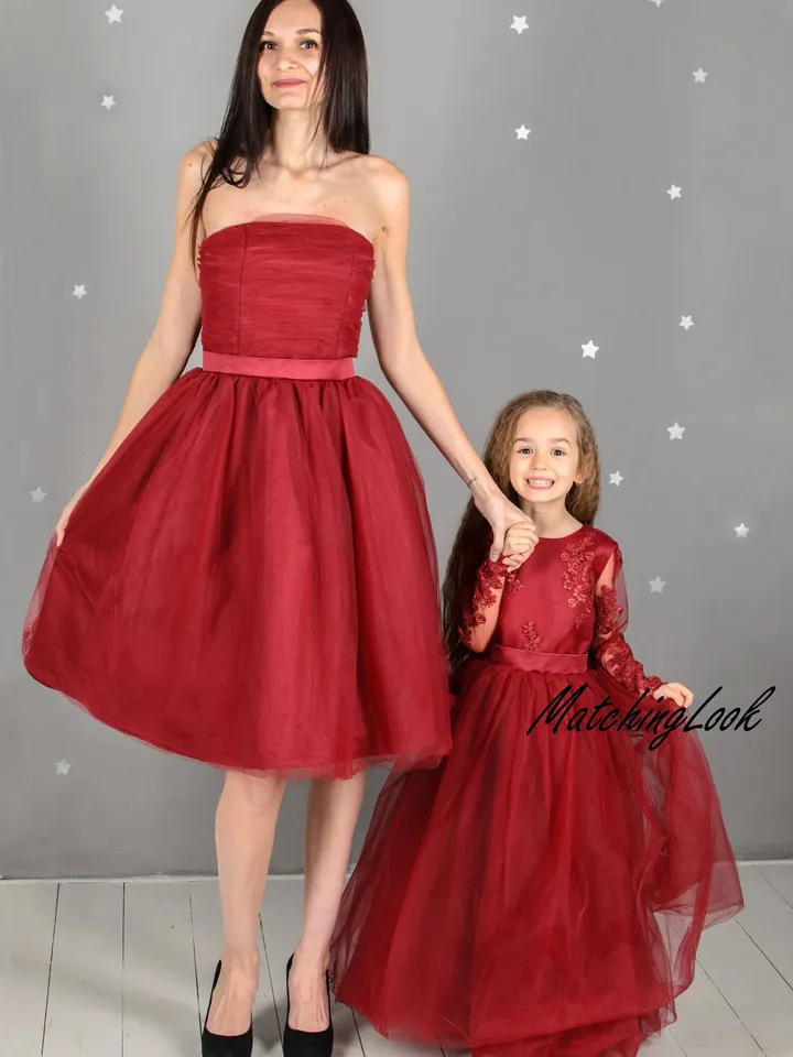 Mommy and Me Outfit, Girl Burgundy Dress, Mother Daughter Matching Dress, Girl Party Dress, Tulle Princess Dress, Formal Dress, Elegant
