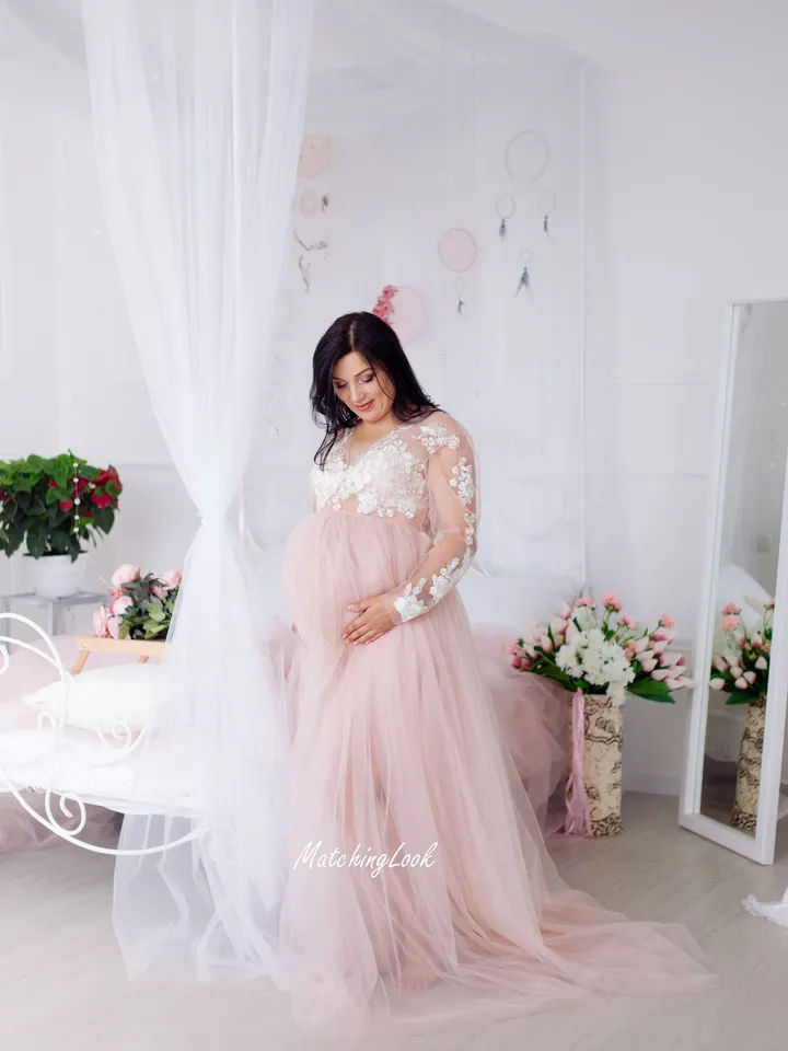Boudoir Gown, Lace Maternity Dress, Photo Shoot Gown, Blush Pink Dress, Pregnancy Dress, Photo Props Maternity, Wedding Gown, Maxi Maternity