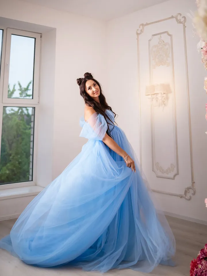 Sky Blue Maternity Dress With Train, Ready To Ship, Baby Shower Tulle Dress, Infinity Dress For Photoshoot, Pregnancy Tulle Dress, Floor
