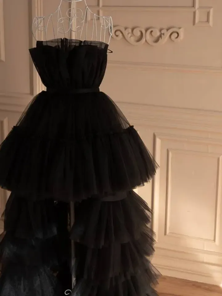 Black Tulle Tutu Dress, Asymmetric Prom Dress, Black Tiered Dress, Maxi Tulle Dress, Extravagant Clothing, Black Wedding Dress, Adult Tutu