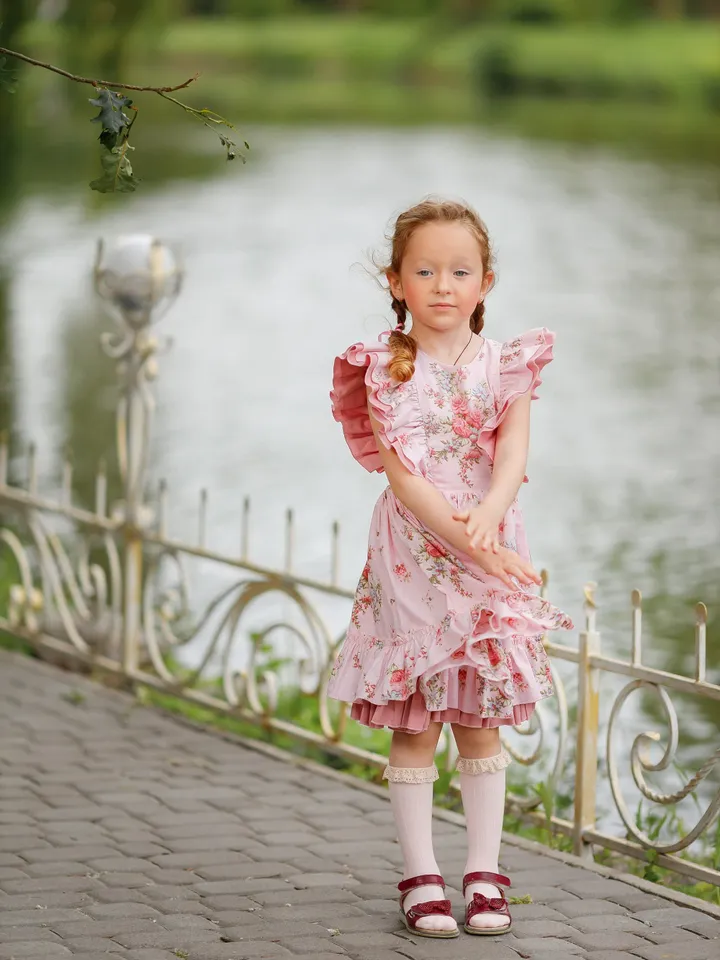 Girl Pink Dress, Floral Dress, Girl Frill Dress, 1st Birthday Dress, Photoshoot Dress, Girl Flare Dress, Girl Ruffle Dress, Toddler Dress