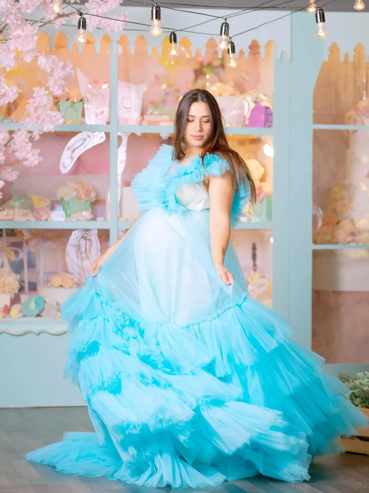 Aqua Blue Tulle Maternity Gown, Tiered Tulle Dress, Maternity Gown, Baby Shower Dress, Photoshoot Gown, Pregnancy Gown Dress