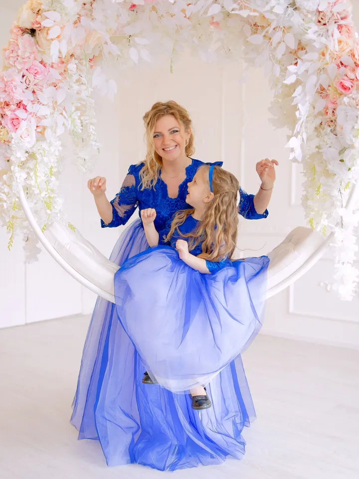 Mom and Toddler Matching Outfit, Blue Maxi Dress, Mother Daughter Matching Dresses, Lace Gown Dress, Mommy and Me Dress, 1st Birthday Dress