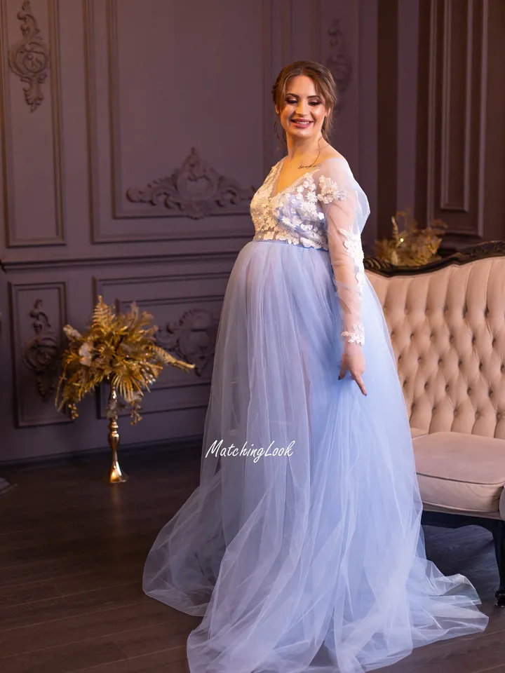 Dusty Blue Mommy and Me Maternity Dress, Maternity Ball Gown, Pregnancy Photoshoot Dress