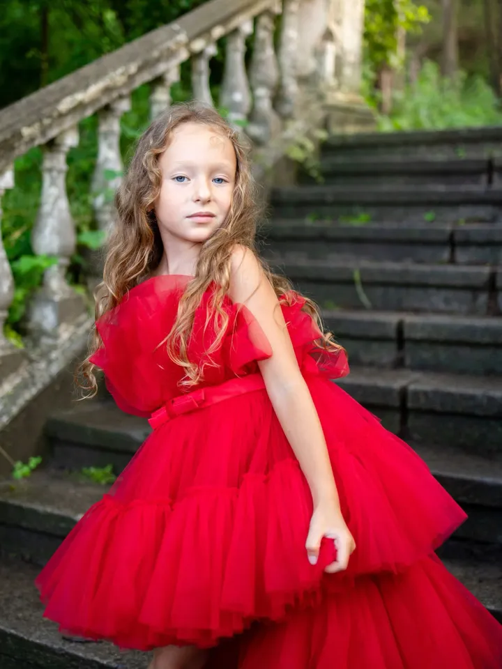 5-7 Years Red Girl Dress, Princess Dress, Tiered Tulle Dress, Short Tutu Dress, Little Girl Dress, Special Occasion, High Low Dress