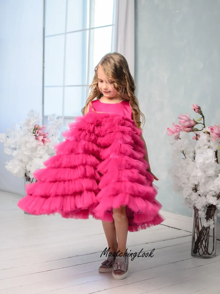 Flower Girl Dress, Hot Pink Dress, Girl Pageant Dress, Ruffle Tulle Dress, Tulle Layered Dress, Photoshoot Dress, Toddler Pageant Dress