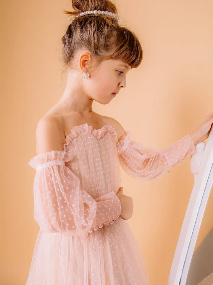 Set Of Mother Daughter Dresses, Polka Dot Blush Dresses, Matching Mommy And Me Dresses, Photoshoot Gowns, Off Shoulder Gown, Formal Dresses