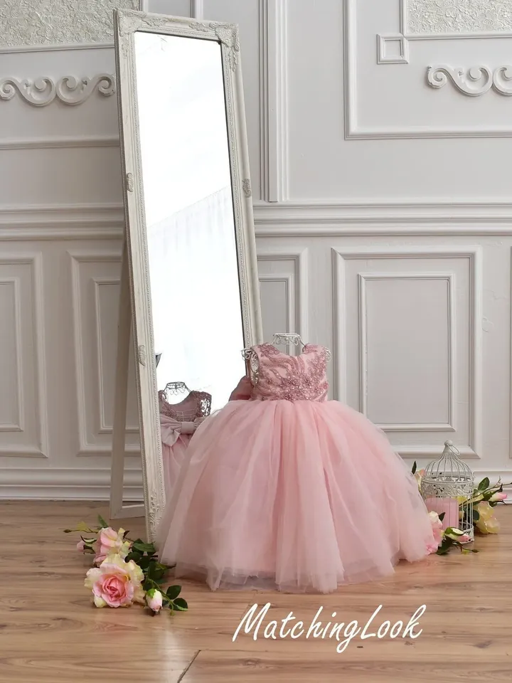 Flower Girl Dress, Blush Tutu Dress, Baby Girl Dress, 1st Birthday Dress, Back Ribbon Dress, Girl Princess Dress, Elegant Dress, Photoshoot