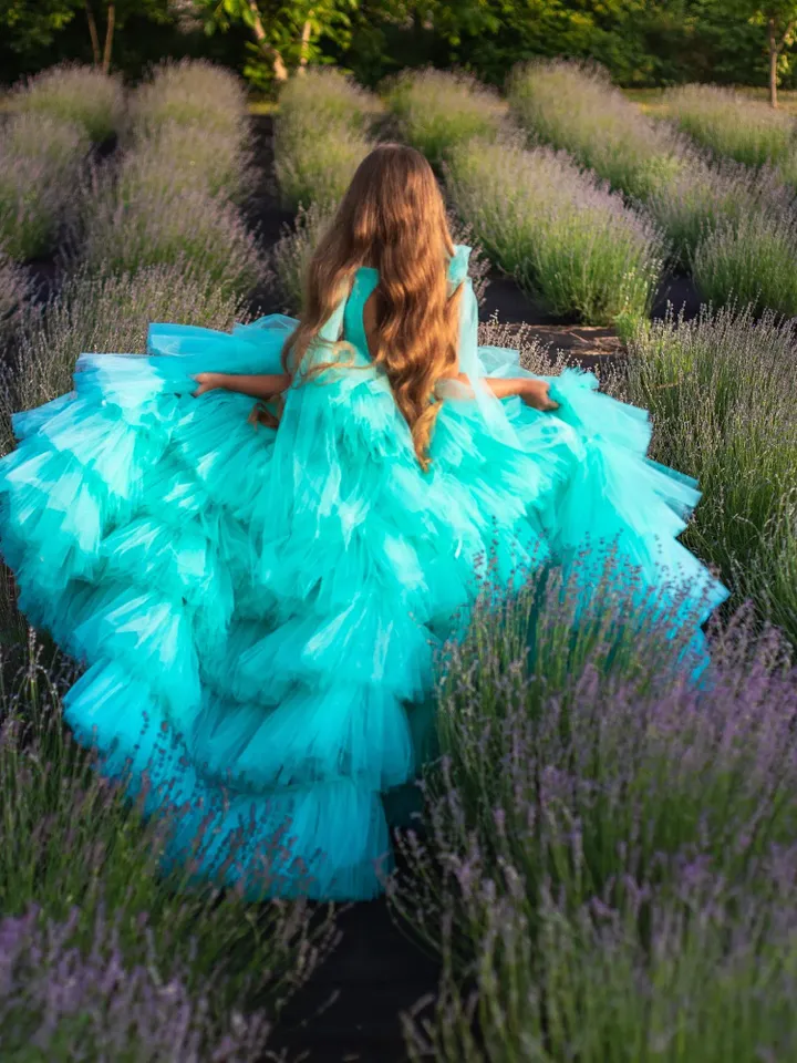 Girl Pageant Dress, Tulle Flower Girl Dress, Teal Tiered Princess, Toddler Birthday Dress, Girl Designer Dress, Haute Couture Dress, Puffy