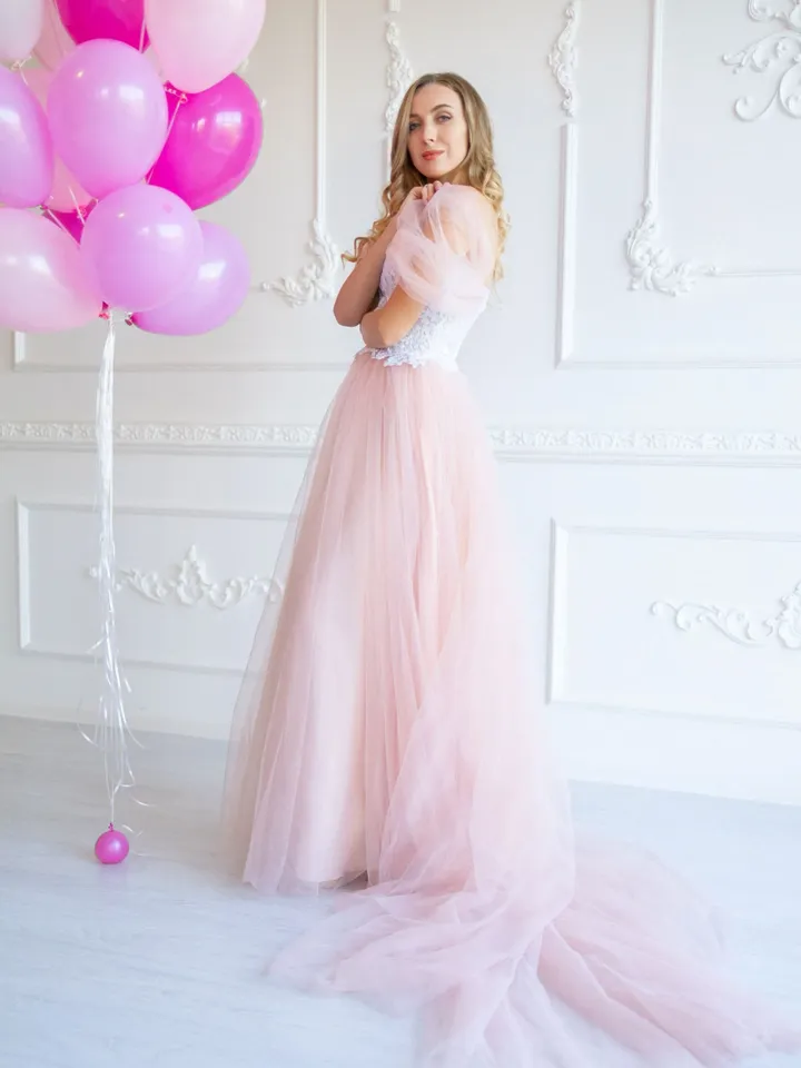 Pink Wedding Dress, Tulle Gown Photoshoot, Blush Maternity Dress for Photoshoot, Baby Shower Lace Dress, Photo Props Dress, Boho Wedding