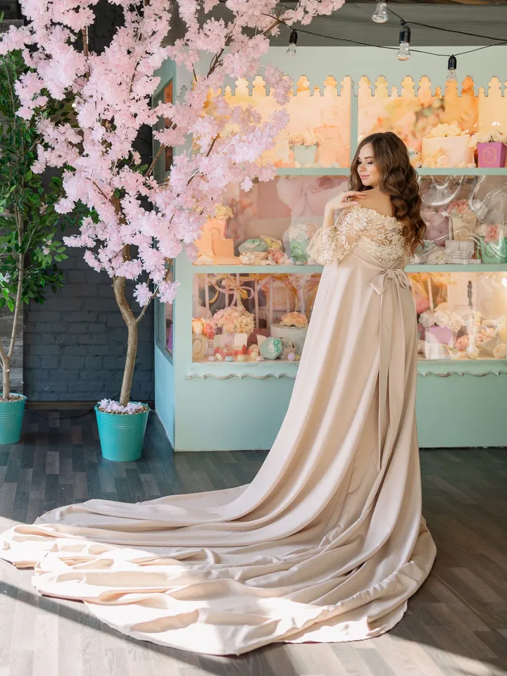 Beige Maternity Phooshoot Gown, Off the Shoulder Pregnancy Dress, Lace Maternity Dress, Maternity Photoshoot Dress, Baby Shower Dress