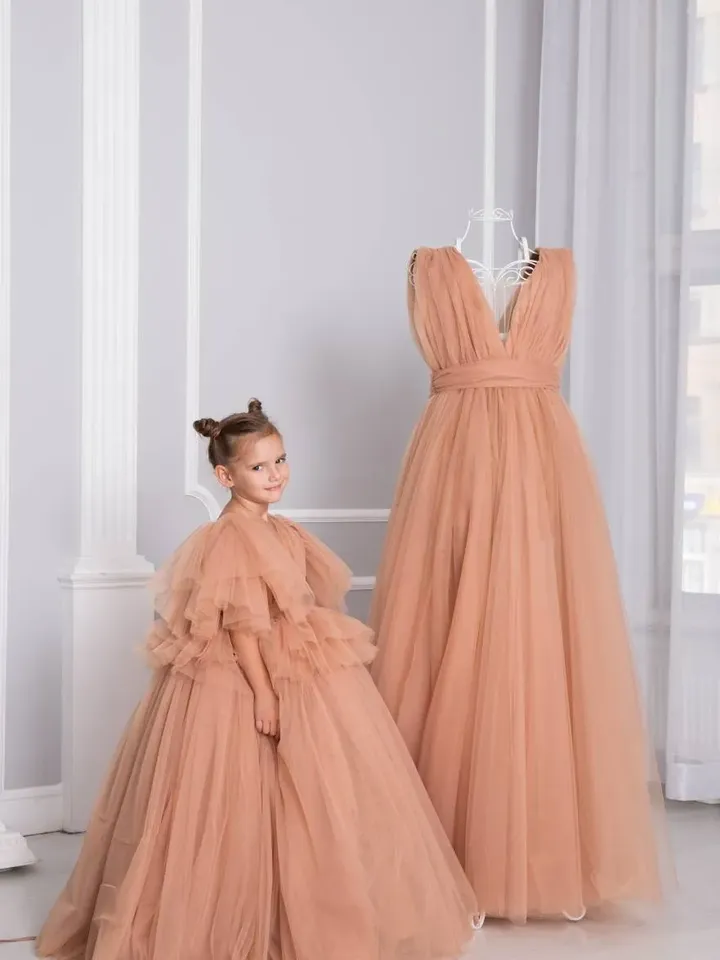 Tawny Mommy And Me Dresses, Birthday Maxi Dresses, Matching Mother Daughter Dress, Brown Tulle Gown, Family Photoshoot, Wedding Guest Dress