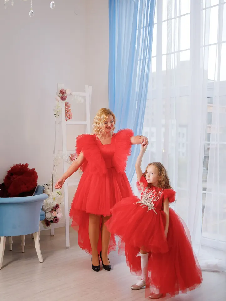 Mommy and Me Red Dresses, Formal Dress, Elegant Photoshoot Dress, Mother Daughter Matching Dress, Tulle Tutu Dress, High Low Tulle Dress