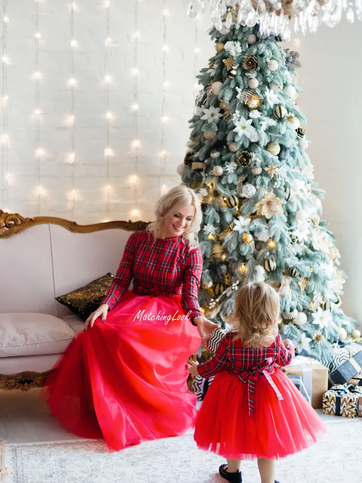 Mommy And Me Christmas Dress, Holiday Outfit, Mother Daughter Matching Dress, Christmas Photography, Red Tartan Dress, Plaid Matching Dress