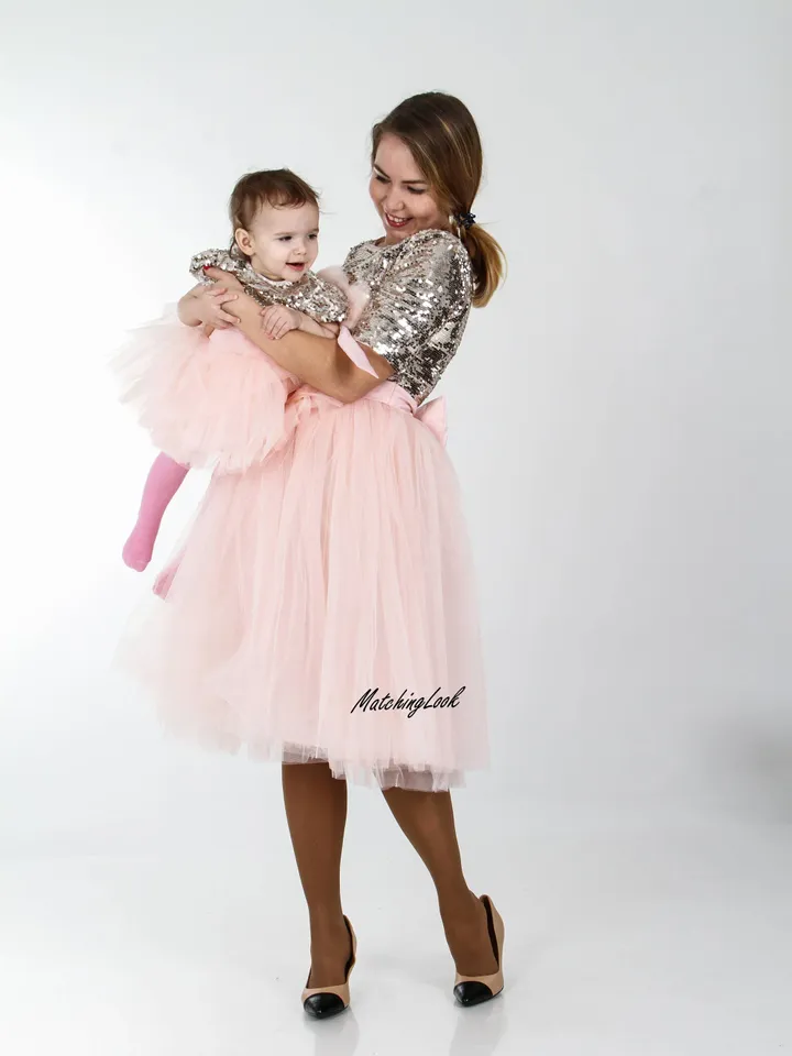 Mommy And Me New Year Dresses, Gold Sequin Dress, Mother Daughter Matching Outfit, Pink Tutu Dress, Party Dress, Formal Dress, Photoshoot