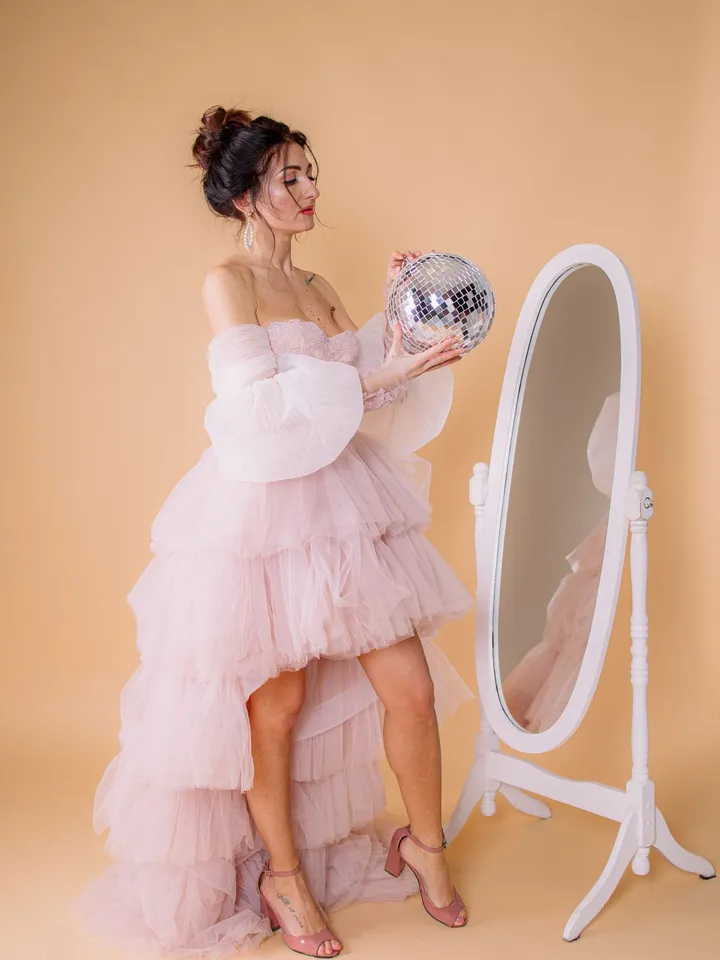 Blush Tulle Dress, High Low Wedding Dress, Ruffle Tiered Bridesmaid Gown
